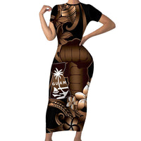 Brown Hafa Adai Guam Short Sleeve Bodycon Dress Chamorro Latte Stone Hand With Plumeria