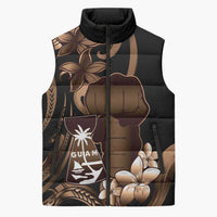 Brown Hafa Adai Guam Sleeveless Puffer Jacket Chamorro Latte Stone Hand With Plumeria - Polynesian Pride