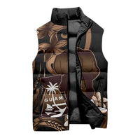 Brown Hafa Adai Guam Sleeveless Puffer Jacket Chamorro Latte Stone Hand With Plumeria - Polynesian Pride