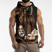 Brown Hafa Adai Guam Sleeveless Zip Hoodie Chamorro Latte Stone Hand With Plumeria LT14 - Polynesian Pride