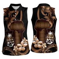Brown Hafa Adai Guam Women Sleeveless Polo Shirt Chamorro Latte Stone Hand With Plumeria