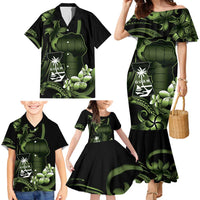 Green Hafa Adai Guam Family Matching Mermaid Dress and Hawaiian Shirt Chamorro Latte Stone Hand With Plumeria