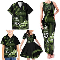 Green Hafa Adai Guam Family Matching Tank Maxi Dress and Hawaiian Shirt Chamorro Latte Stone Hand With Plumeria