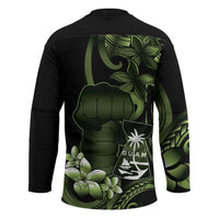 Green Hafa Adai Guam Hockey Jersey Chamorro Latte Stone Hand With Plumeria LT14 - Polynesian Pride