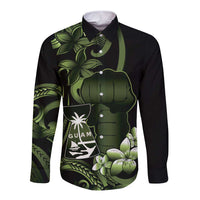 Green Hafa Adai Guam Long Sleeve Button Shirt Chamorro Latte Stone Hand With Plumeria