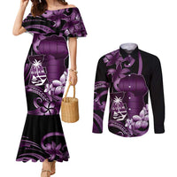 Purple Hafa Adai Guam Couples Matching Mermaid Dress and Long Sleeve Button Shirt Chamorro Latte Stone Hand With Plumeria