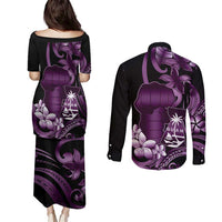 Purple Hafa Adai Guam Couples Matching Puletasi and Long Sleeve Button Shirt Chamorro Latte Stone Hand With Plumeria