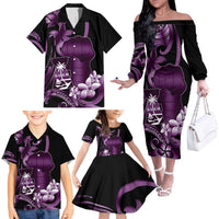 Purple Hafa Adai Guam Family Matching Off The Shoulder Long Sleeve Dress and Hawaiian Shirt Chamorro Latte Stone Hand With Plumeria