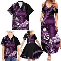 Purple Hafa Adai Guam Family Matching Summer Maxi Dress and Hawaiian Shirt Chamorro Latte Stone Hand With Plumeria
