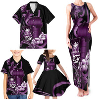 Purple Hafa Adai Guam Family Matching Tank Maxi Dress and Hawaiian Shirt Chamorro Latte Stone Hand With Plumeria