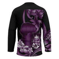 Purple Hafa Adai Guam Hockey Jersey Chamorro Latte Stone Hand With Plumeria LT14 - Polynesian Pride