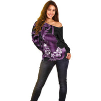 Purple Hafa Adai Guam Off Shoulder Sweater Chamorro Latte Stone Hand With Plumeria