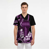 Purple Hafa Adai Guam Scrub Top Chamorro Latte Stone Hand With Plumeria - Polynesian Pride