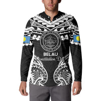 Palau Constitution Day Button Sweatshirt Belau Seal With Polynesian Pattern - Black