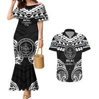 Palau Constitution Day Couples Matching Mermaid Dress and Hawaiian Shirt Belau Seal With Polynesian Pattern - Black LT14 Black - Polynesian Pride