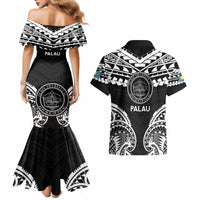 Palau Constitution Day Couples Matching Mermaid Dress and Hawaiian Shirt Belau Seal With Polynesian Pattern - Black LT14 - Polynesian Pride