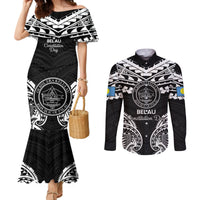 Palau Constitution Day Couples Matching Mermaid Dress and Long Sleeve Button Shirt Belau Seal With Polynesian Pattern - Black LT14 Black - Polynesian Pride