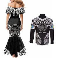 Palau Constitution Day Couples Matching Mermaid Dress and Long Sleeve Button Shirt Belau Seal With Polynesian Pattern - Black