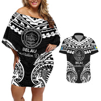 Palau Constitution Day Couples Matching Off Shoulder Short Dress and Hawaiian Shirt Belau Seal With Polynesian Pattern - Black LT14 Black - Polynesian Pride