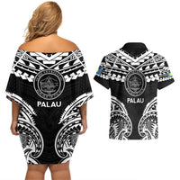 Palau Constitution Day Couples Matching Off Shoulder Short Dress and Hawaiian Shirt Belau Seal With Polynesian Pattern - Black LT14 - Polynesian Pride
