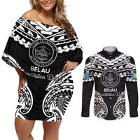 Palau Constitution Day Couples Matching Off Shoulder Short Dress and Long Sleeve Button Shirt Belau Seal With Polynesian Pattern - Black LT14 Black - Polynesian Pride