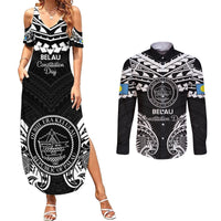 Palau Constitution Day Couples Matching Summer Maxi Dress and Long Sleeve Button Shirt Belau Seal With Polynesian Pattern - Black LT14 Black - Polynesian Pride
