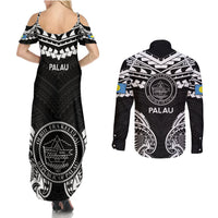 Palau Constitution Day Couples Matching Summer Maxi Dress and Long Sleeve Button Shirt Belau Seal With Polynesian Pattern - Black LT14 - Polynesian Pride