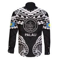 Palau Constitution Day Family Matching Off The Shoulder Long Sleeve Dress and Hawaiian Shirt Belau Seal With Polynesian Pattern - Black