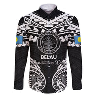 Palau Constitution Day Family Matching Off Shoulder Short Dress and Hawaiian Shirt Belau Seal With Polynesian Pattern - Black LT14 Dad's Shirt - Long Sleeve Black - Polynesian Pride