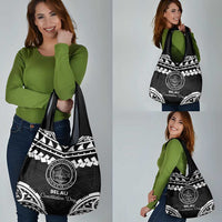 Palau Constitution Day Grocery Bag Belau Seal With Polynesian Pattern - Black