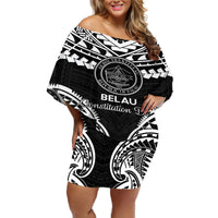 Palau Constitution Day Off Shoulder Short Dress Belau Seal With Polynesian Pattern - Black LT14 Women Black - Polynesian Pride