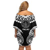 Palau Constitution Day Off Shoulder Short Dress Belau Seal With Polynesian Pattern - Black LT14 - Polynesian Pride