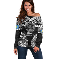 Palau Constitution Day Off Shoulder Sweater Belau Seal With Polynesian Pattern - Black