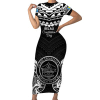 Palau Constitution Day Short Sleeve Bodycon Dress Belau Seal With Polynesian Pattern - Black