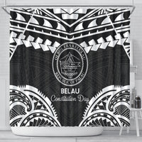 Palau Constitution Day Shower Curtain Belau Seal With Polynesian Pattern - Black