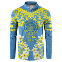 Palau Constitution Day Button Sweatshirt Belau Seal With Frangipani Polynesian Pattern - Blue