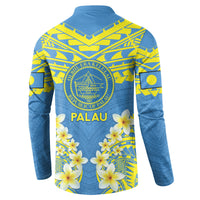 Palau Constitution Day Button Sweatshirt Belau Seal With Frangipani Polynesian Pattern - Blue
