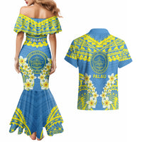 Palau Constitution Day Couples Matching Mermaid Dress and Hawaiian Shirt Belau Seal With Frangipani Polynesian Pattern - Blue LT14 - Polynesian Pride