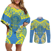 Palau Constitution Day Couples Matching Off Shoulder Short Dress and Long Sleeve Button Shirt Belau Seal With Frangipani Polynesian Pattern - Blue LT14 Blue - Polynesian Pride