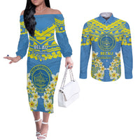 Palau Constitution Day Couples Matching Off The Shoulder Long Sleeve Dress and Long Sleeve Button Shirt Belau Seal With Frangipani Polynesian Pattern - Blue