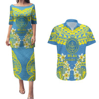 Palau Constitution Day Couples Matching Puletasi and Hawaiian Shirt Belau Seal With Frangipani Polynesian Pattern - Blue LT14 Blue - Polynesian Pride
