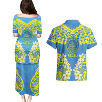 Palau Constitution Day Couples Matching Puletasi and Hawaiian Shirt Belau Seal With Frangipani Polynesian Pattern - Blue LT14 - Polynesian Pride