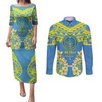 Palau Constitution Day Couples Matching Puletasi and Long Sleeve Button Shirt Belau Seal With Frangipani Polynesian Pattern - Blue LT14 Blue - Polynesian Pride