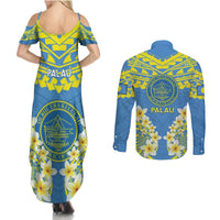 Palau Constitution Day Couples Matching Summer Maxi Dress and Long Sleeve Button Shirt Belau Seal With Frangipani Polynesian Pattern - Blue LT14 - Polynesian Pride