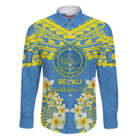 Palau Constitution Day Family Matching Mermaid Dress and Hawaiian Shirt Belau Seal With Frangipani Polynesian Pattern - Blue LT14 Dad's Shirt - Long Sleeve Blue - Polynesian Pride