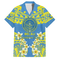 Palau Constitution Day Family Matching Puletasi and Hawaiian Shirt Belau Seal With Frangipani Polynesian Pattern - Blue LT14 Dad's Shirt - Short Sleeve Blue - Polynesian Pride