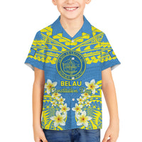 Palau Constitution Day Family Matching Puletasi and Hawaiian Shirt Belau Seal With Frangipani Polynesian Pattern - Blue LT14 Son's Shirt Blue - Polynesian Pride