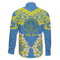 Palau Constitution Day Family Matching Summer Maxi Dress and Hawaiian Shirt Belau Seal With Frangipani Polynesian Pattern - Blue