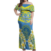 Palau Constitution Day Off Shoulder Maxi Dress Belau Seal With Frangipani Polynesian Pattern - Blue
