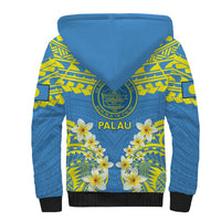 Palau Constitution Day Sherpa Hoodie Belau Seal With Frangipani Polynesian Pattern - Blue